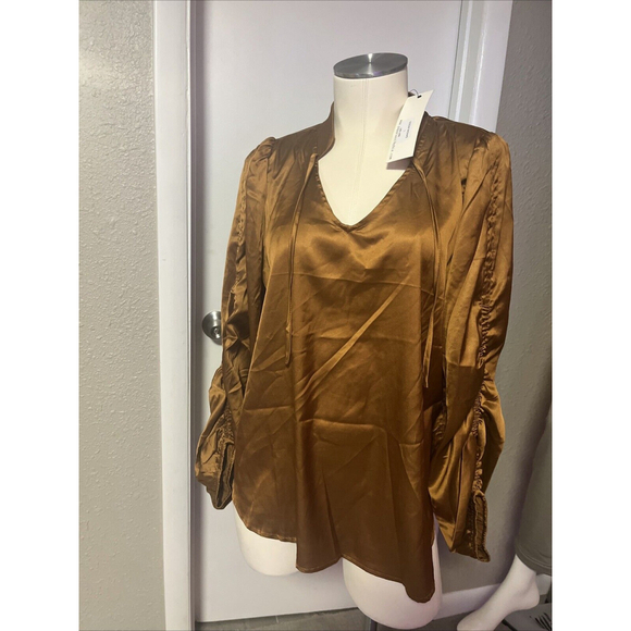 Women’s Rouched Long Sleeve Silky Soft Copper Vneck Blouse By Paparazzi - Picture 2 of 15
